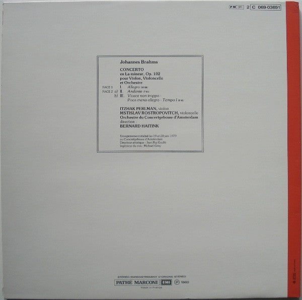 Johannes Brahms — Itzhak Perlman, Mstislav Rostropovich, Concertgebouworkest, Bernard Haitink : Brahms: Double Concerto (LP)