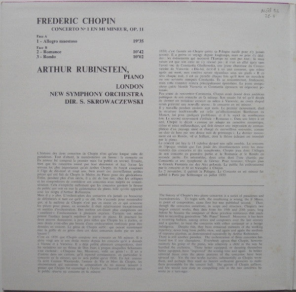 Frédéric Chopin, Arthur Rubinstein, The New Symphony Orchestra Of London, Stanislaw Skrowaczewski : Concerto № 1 En Mi Mineur, Op. 11 (LP, RE)