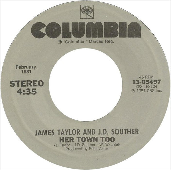 James Taylor (2) And John David Souther : Her Town Too / Believe It Or Not (7", Single, RE)