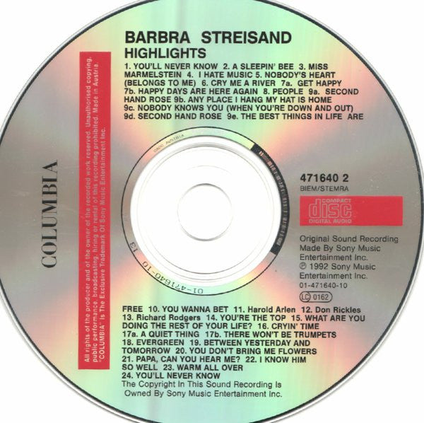 Barbra Streisand : Highlights From Just For The Record... (CD, Comp)
