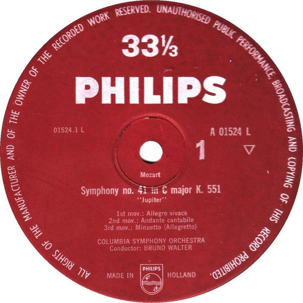 Bruno Walter, Columbia Symphony Orchestra, Wolfgang Amadeus Mozart : Symphony No. 41 In C Major K. 551 "Jupiter" / Symphony No. 35 In D Major K. 385 "Haffner" (LP, Mono, Gat)