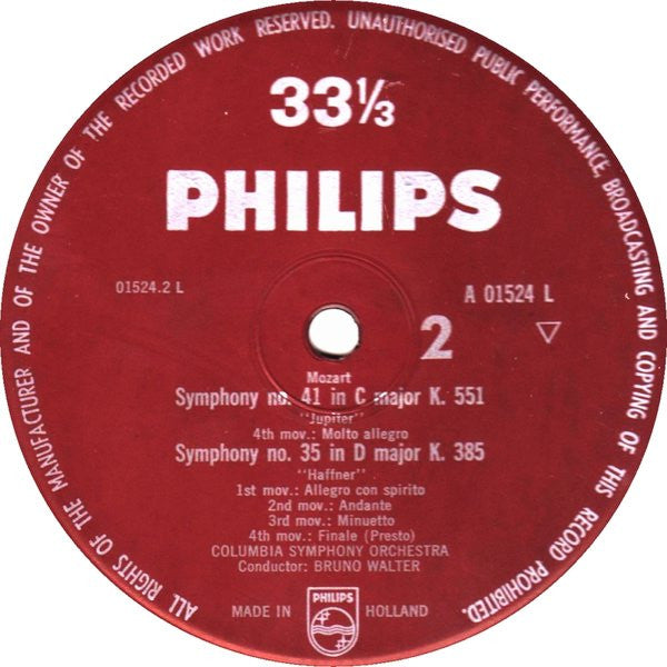 Bruno Walter, Columbia Symphony Orchestra, Wolfgang Amadeus Mozart : Symphony No. 41 In C Major K. 551 "Jupiter" / Symphony No. 35 In D Major K. 385 "Haffner" (LP, Mono, Gat)