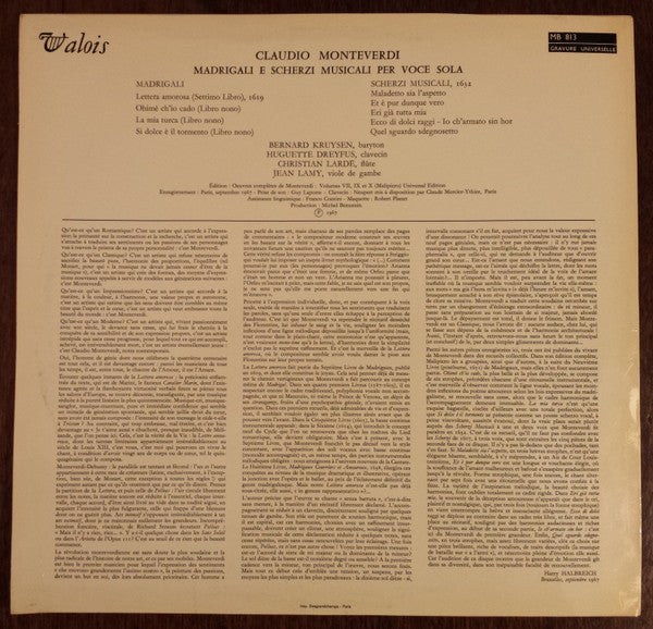 Claudio Monteverdi, Bernard Kruysen, Huguette Dreyfus, Christian Lardé, Jean Lamy : Madrigali E Scherzi Musicali Per Voce Sola (LP)