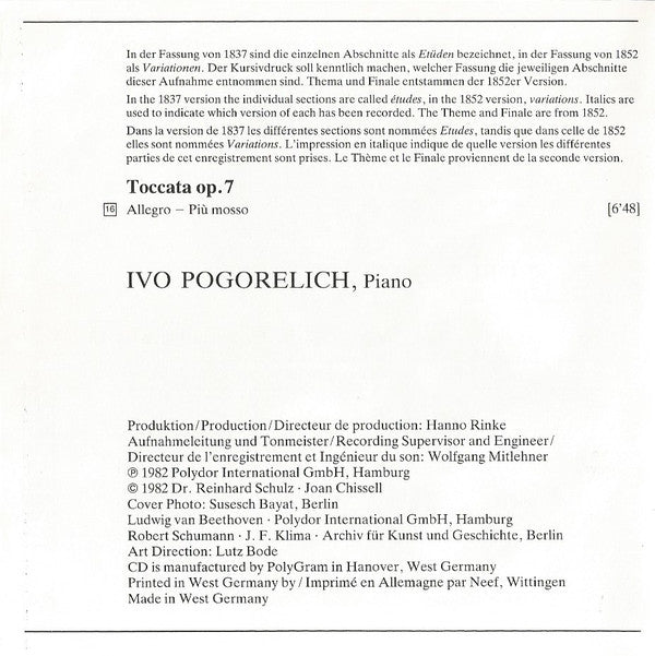Ludwig Van Beethoven / Robert Schumann - Ivo Pogorelich : Klaviersonate Op. 111 / Symphonische Etüden ▪ Toccata (CD, Album, RE)