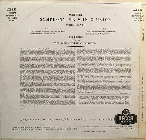 Franz Schubert, Josef Krips, London Symphony Orchestra : Great C Major Symphony (LP, Mono)
