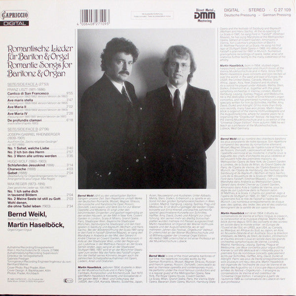 Bernd Weikl - Martin Haselböck - Franz Liszt - Josef Rheinberger - Max Reger - Hugo Wolf : Romantische Lieder Für Bariton & Orgel (LP, Album)