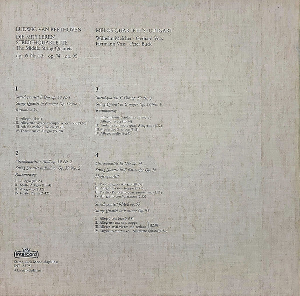 Ludwig van Beethoven, Melos Quartett : Die Mittleren Streichquartette Op. 59 Nr.1-3  Op.74  Op.95 (4xLP, RE)