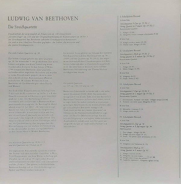 Ludwig van Beethoven, Melos Quartett : Die Mittleren Streichquartette Op. 59 Nr.1-3  Op.74  Op.95 (4xLP, RE)