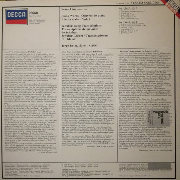 Franz Liszt - Jorge Bolet, Franz Schubert : Schubert Song Transcriptions (LP, Dig)