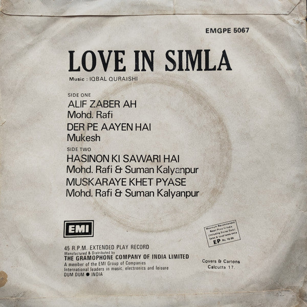 Iqbal Qureshi : Love In Simla (7", EP, RE)