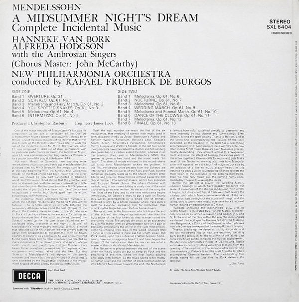 Felix Mendelssohn-Bartholdy, Hanneke van Bork, Alfreda Hodgson, The Ambrosian Singers, New Philharmonia Orchestra, Rafael Frühbeck De Burgos : A Midsummer Night's Dream (Complete Incidental Music) (LP, RP)