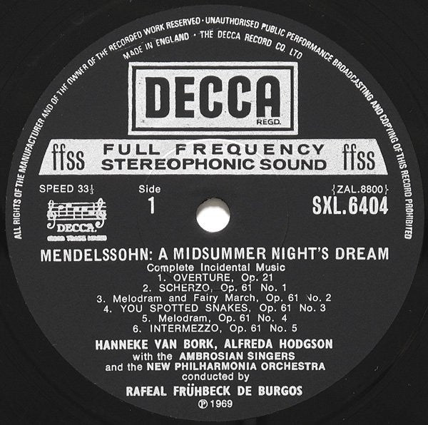 Felix Mendelssohn-Bartholdy, Hanneke van Bork, Alfreda Hodgson, The Ambrosian Singers, New Philharmonia Orchestra, Rafael Frühbeck De Burgos : A Midsummer Night's Dream (Complete Incidental Music) (LP, RP)