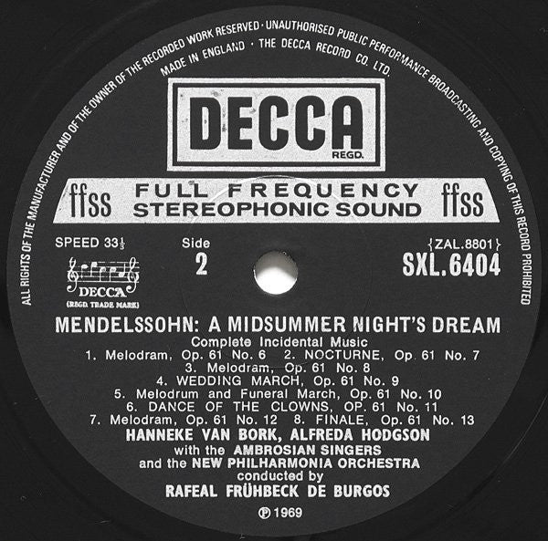 Felix Mendelssohn-Bartholdy, Hanneke van Bork, Alfreda Hodgson, The Ambrosian Singers, New Philharmonia Orchestra, Rafael Frühbeck De Burgos : A Midsummer Night's Dream (Complete Incidental Music) (LP, RP)