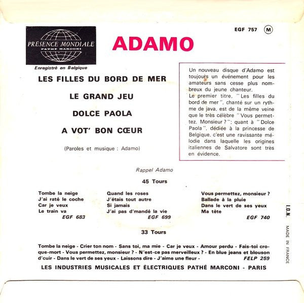 Adamo : Les Filles Du Bord De Mer	 (7", EP)