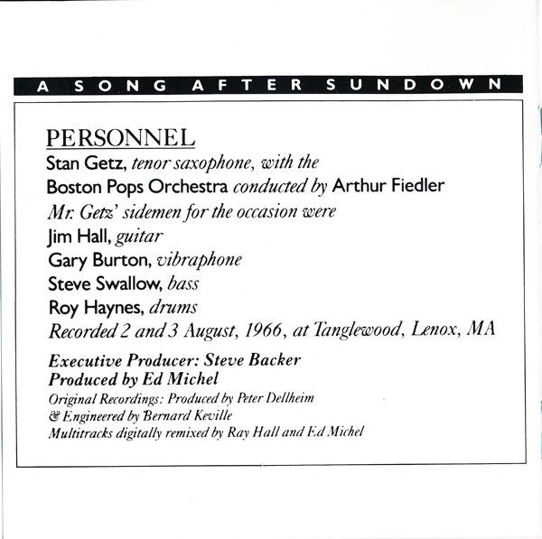 Stan Getz With Arthur Fiedler : A Song After Sundown (Stan Getz With Arthur Fiedler At Tanglewood) (CD, Album, RE, RM)