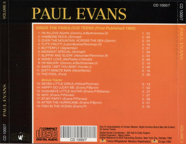 Paul Evans : Paul Evans Sings The Fabulous Teens (CD, Album, RE)