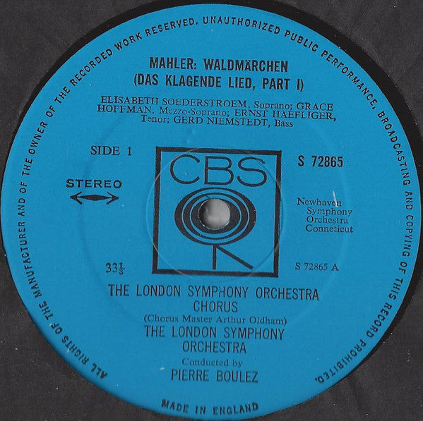 Gustav Mahler, Pierre Boulez, Elisabeth Söderström, Grace Hoffman, Ernst Haefliger, Gerd Nienstedt, London Symphony Chorus, London Symphony Orchestra : Waldmärchen (Das Klagende Lied Part 1) / Adagio From Symphony No. 10 (LP)