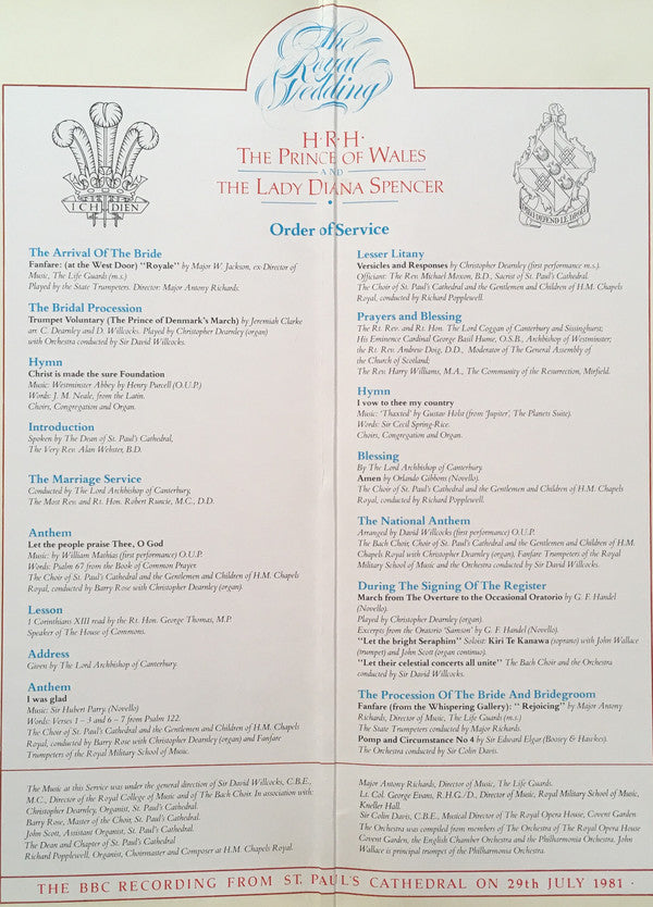 Various : The Royal Wedding Of H.R.H. The Prince Of Wales And The Lady Diana Spencer - The BBC Recording From St. Paul's Cathedral On 29th July 1981 (LP, Album)