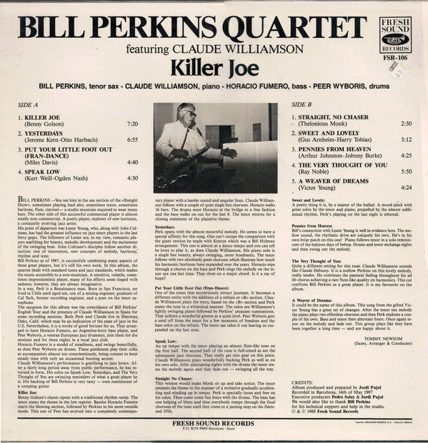 The Bill Perkins Quartet Featuring Claude Williamson : Killer Joe (LP, Album)