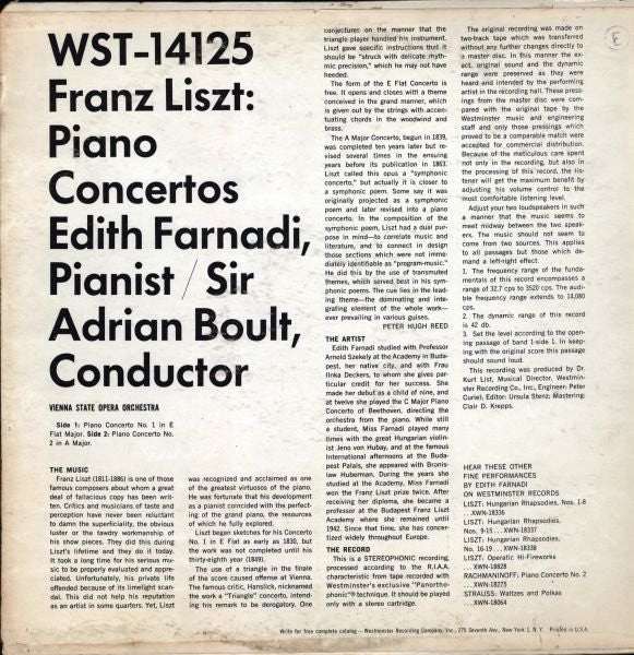 Sir Adrian Boult, Orchester Der Wiener Staatsoper, Edith Farnadi : Franz Liszt: The Two Piano Concerti (LP, Album)