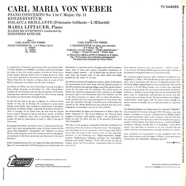 Carl Maria Von Weber, Maria Littauer, Hamburger Symphoniker, Siegfried Köhler (2) : Works For Piano And Orchestra: Grand Piano Concerto N° 1, Op. 11 / Konzertstück, Op. 79 / Polonaise Brillante, Op. 72 (LP)