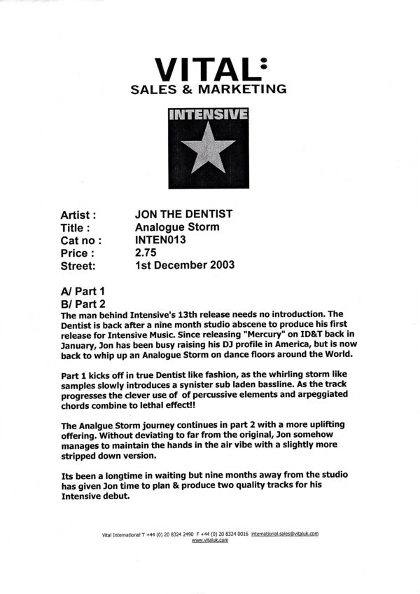 Jon The Dentist : Analogue Storm (12", Promo, W/Lbl)