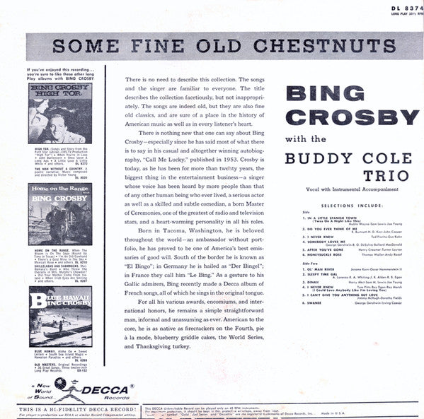 Bing Crosby With The The Buddy Cole Trio : Some Fine Old Chestnuts (LP, Album, RE)