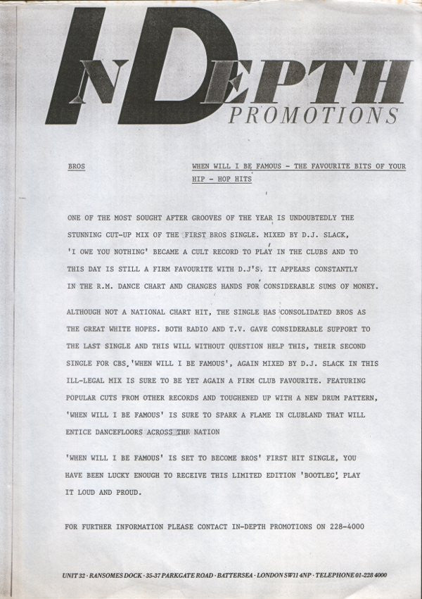 Bros : I Owe You Nothing / When Will I Be Famous (12", Ltd, Promo, W/Lbl)