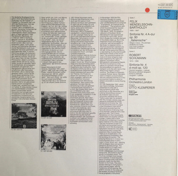 Felix Mendelssohn-Bartholdy, Robert Schumann, Otto Klemperer, Philharmonia Orchestra : Sinfonie Nr. 4 "Italienische" / Sinfonie Nr. 4 (LP, Album)