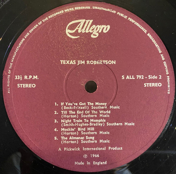 Texas Jim Robertson : Texas Jim Robertson Sings 10 All-Time Country & Western Hits (LP, Mono)