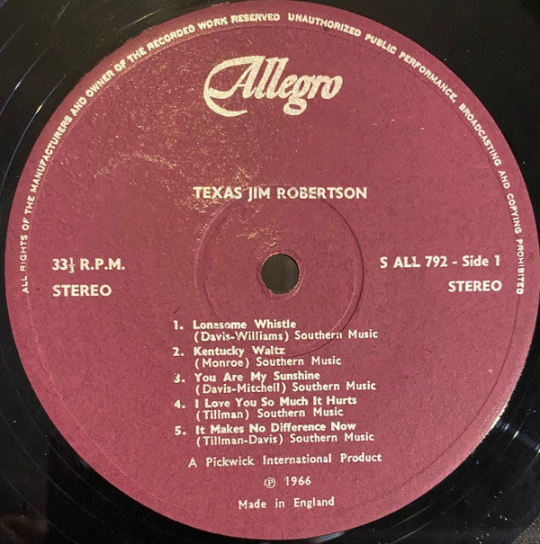 Texas Jim Robertson : Texas Jim Robertson Sings 10 All-Time Country & Western Hits (LP, Mono)