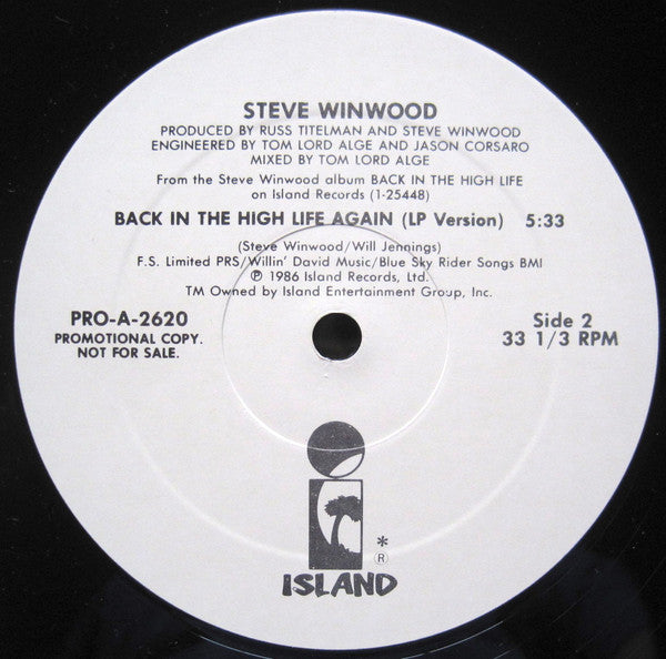 Steve Winwood : Back In The High Life Again (12", Promo)