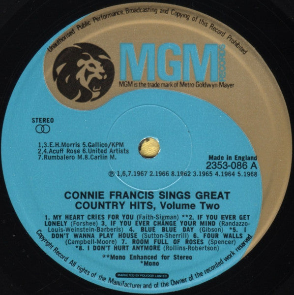 Connie Francis : Connie Francis Sings Great Country Hits Vol 2 (LP, Comp)