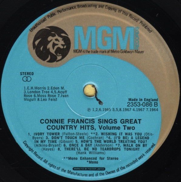 Connie Francis : Connie Francis Sings Great Country Hits Vol 2 (LP, Comp)
