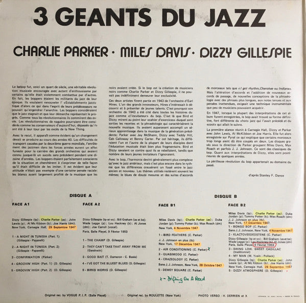 Charlie Parker - Miles Davis - Dizzy Gillespie : 3 Géants Du Jazz (2xLP, Comp, Gat)