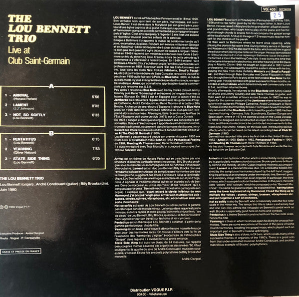 Lou Bennett Trio : Live At Club Saint-Germain (LP)
