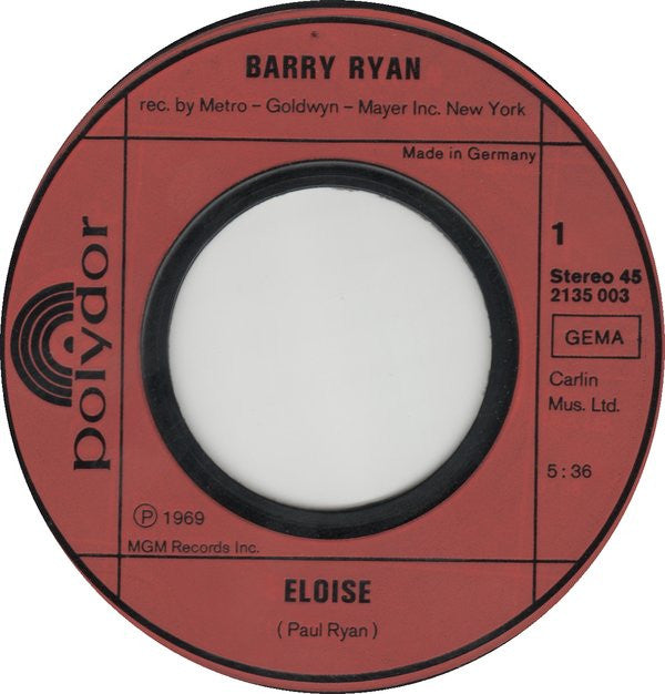 Barry Ryan : Eloise / Love Is Love (7", Single, RE)