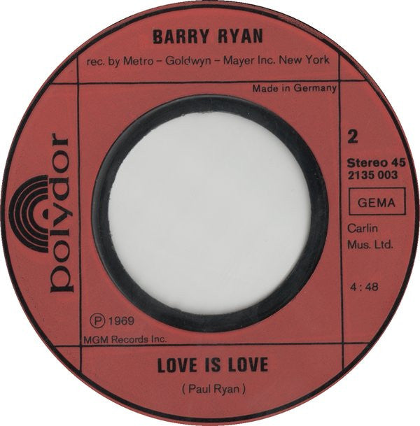 Barry Ryan : Eloise / Love Is Love (7", Single, RE)