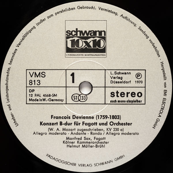 Kölner Kammerorchester, Helmut Müller-Brühl, Manfred Sax : Das Fagott, Meisterhaft Gespielt (LP)