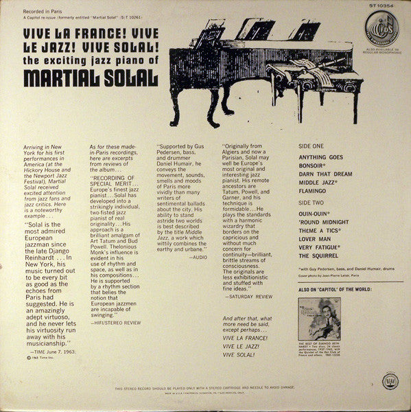 Martial Solal : Vive La France! Vive Le Jazz! Vive Solal! (LP, Album, RE)