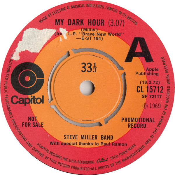 The Steve Miller Band* : My Dark Hour  (7", Single, Promo)