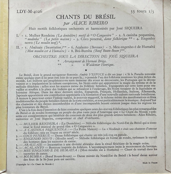 Alice Ribeiro : Chants Du Brésil (7", EP)