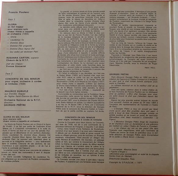 Francis Poulenc - Rosanna Carteri, Maurice Duruflé, Georges Prêtre, Orchestre National De France : Gloria/ Concerto For Organ (LP, Album, RE)