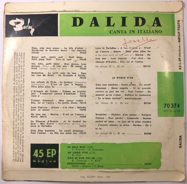 Dalida : Canta In Italiano (7", EP)