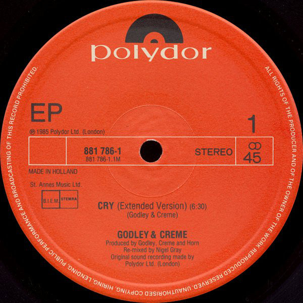 Godley & Creme : Cry (Extended Version) (12", EP)
