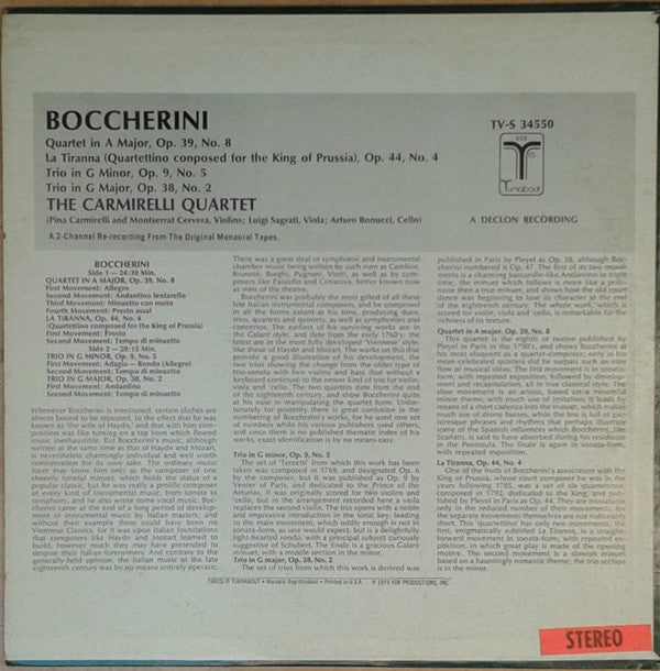 Luigi Boccherini, The Carmirelli Quartet : Quartet In A Major / La Tiranna / 2 Trios In G Minor And G Major (LP)