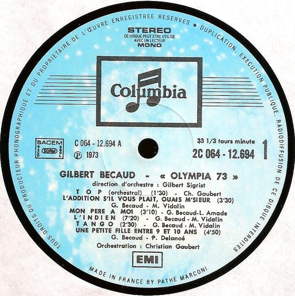 Gilbert Bécaud : Olympia 73 - Enregistrement Public (LP, Album, Tex)