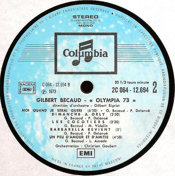 Gilbert Bécaud : Olympia 73 - Enregistrement Public (LP, Album, Tex)