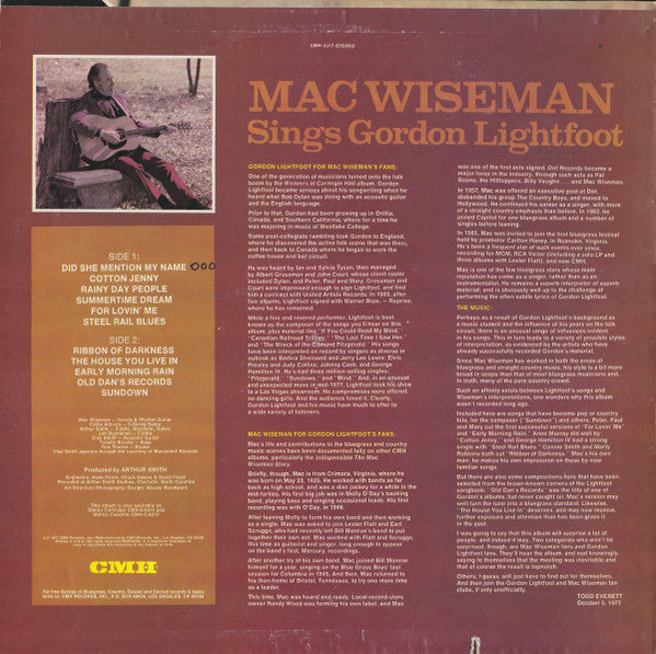 Mac Wiseman : Mac Wiseman Sings Gordon Lightfoot (LP, Album)
