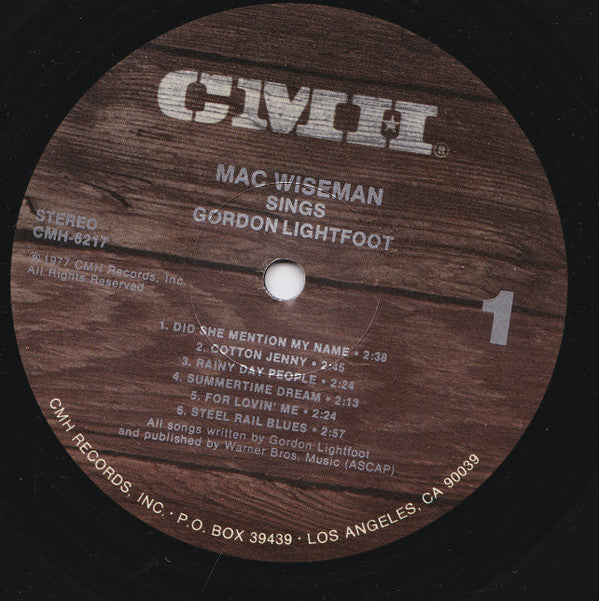 Mac Wiseman : Mac Wiseman Sings Gordon Lightfoot (LP, Album)